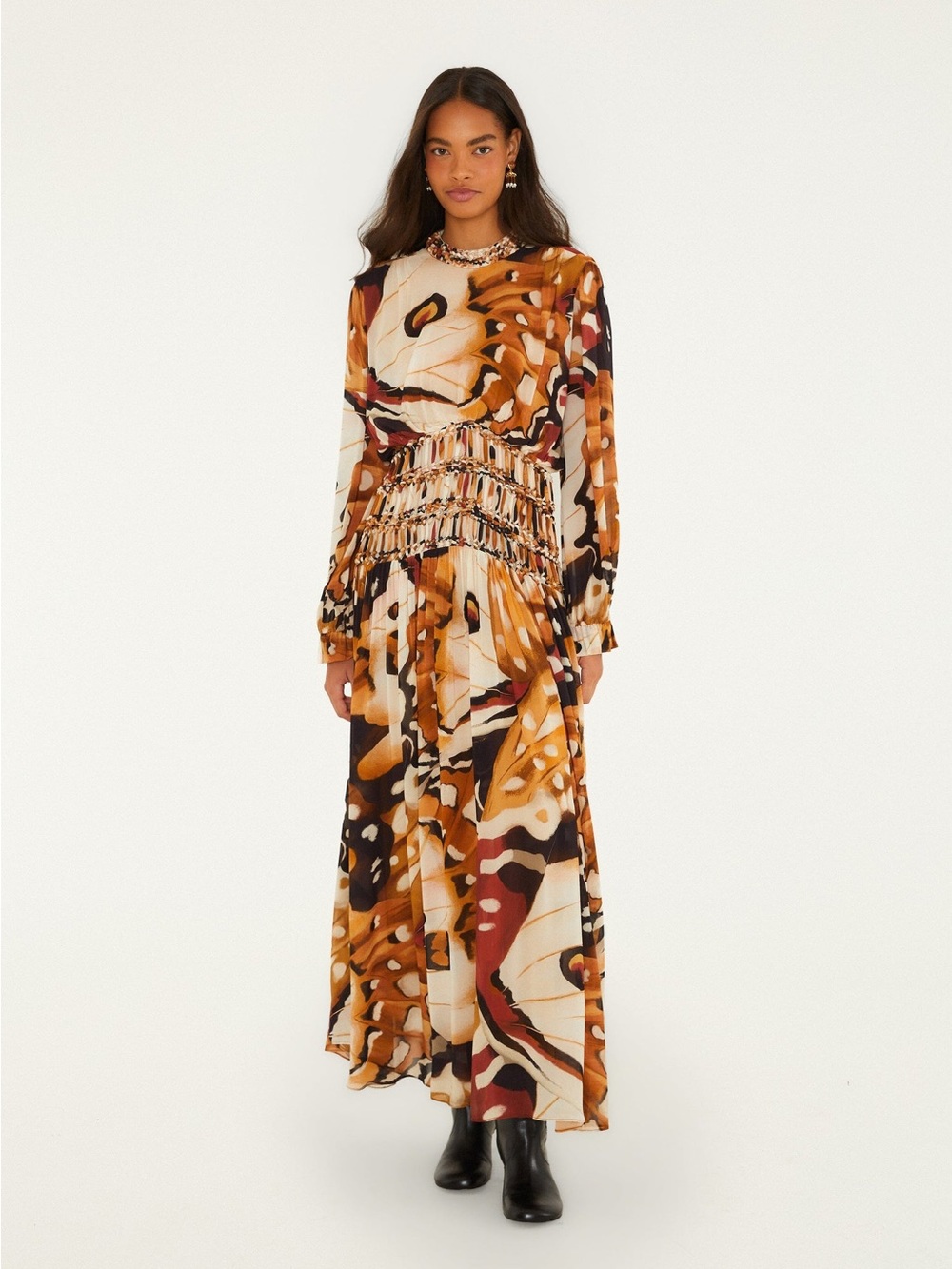 FARM RIO Borbofly Long Sleeve Macrame Maxi Dress